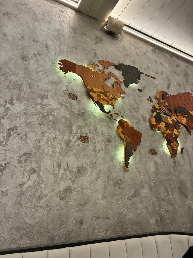 World map wall art at a cafe